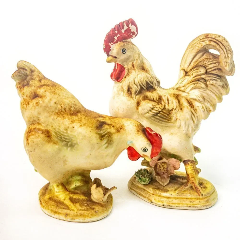 Vintage Pair Enesco Rooster & Hen Porcelain Figurines